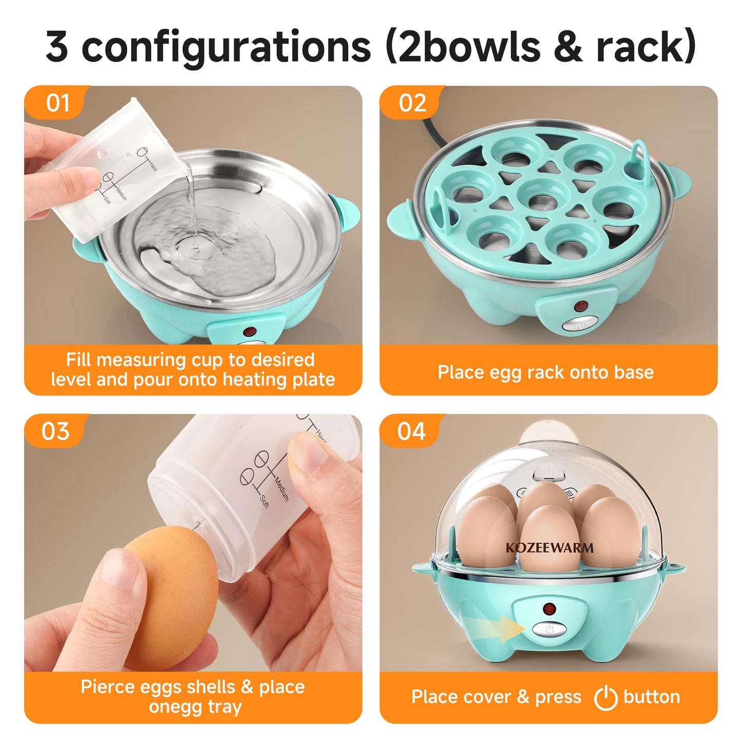 3-in-1 Electric Egg Cooker 7 Egg Capacity – Hard Boiled Egg Maker, Poached Egg Cooker, Omelet Maker & Vegetable Steamer, Automatic Egg Boiler for Breakfast & Meal Prep