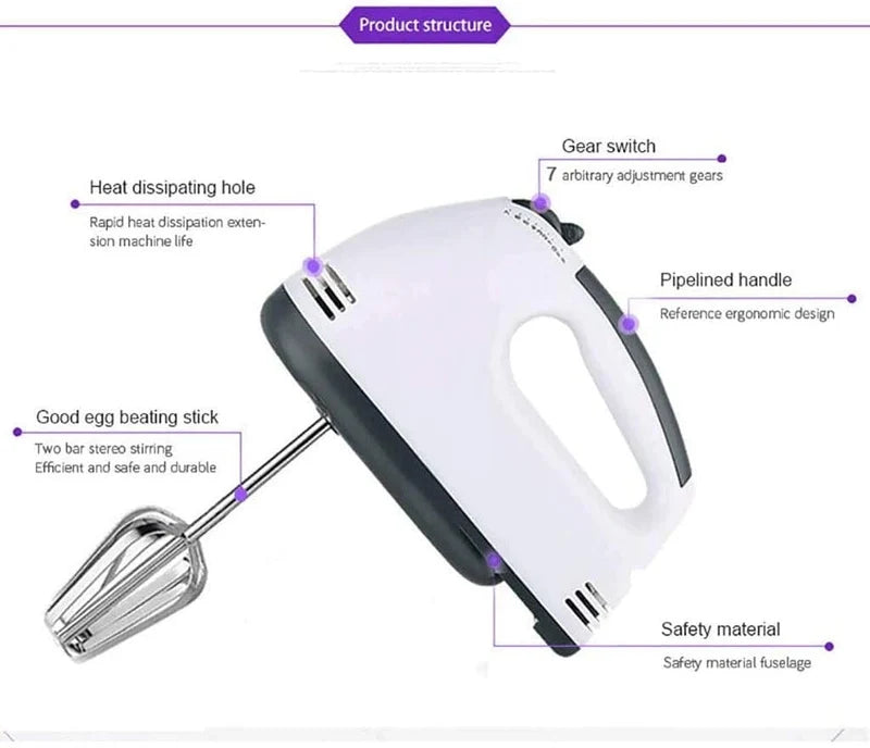 7-Speed Electric Handheld Beater – Multifunctional Mini Egg Beater & Mixer with Stainless Steel Whisk for Cakes, Cookies, Brownies, Cream & Dough Batter