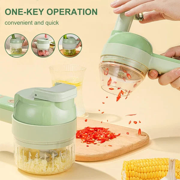 4-in-1 Handheld Electric Vegetable Cutter – Cordless Mini Food Processor, Vegetable Chopper, Slicer & Garlic Cutter