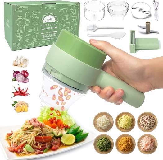 4-in-1 Handheld Electric Vegetable Cutter – Cordless Mini Food Processor, Vegetable Chopper, Slicer & Garlic Cutter